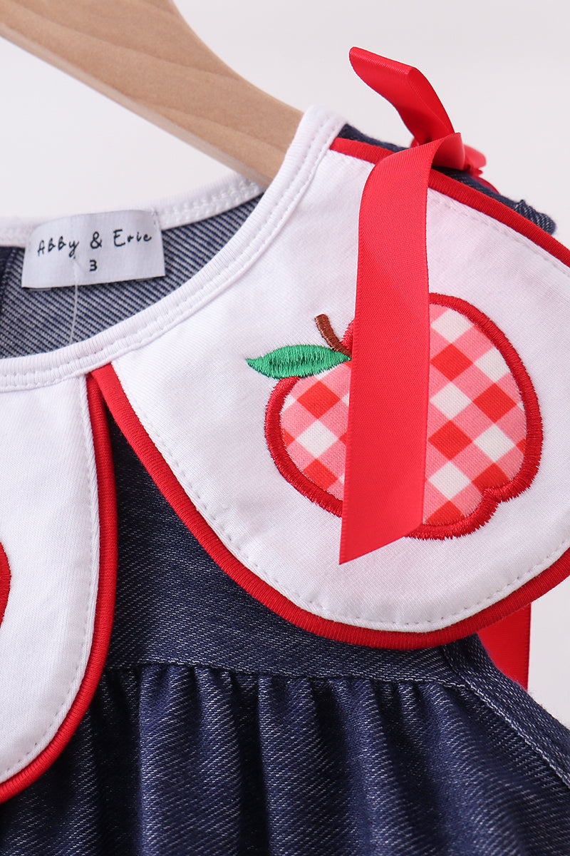 Navy Apple Applique Denim Dress