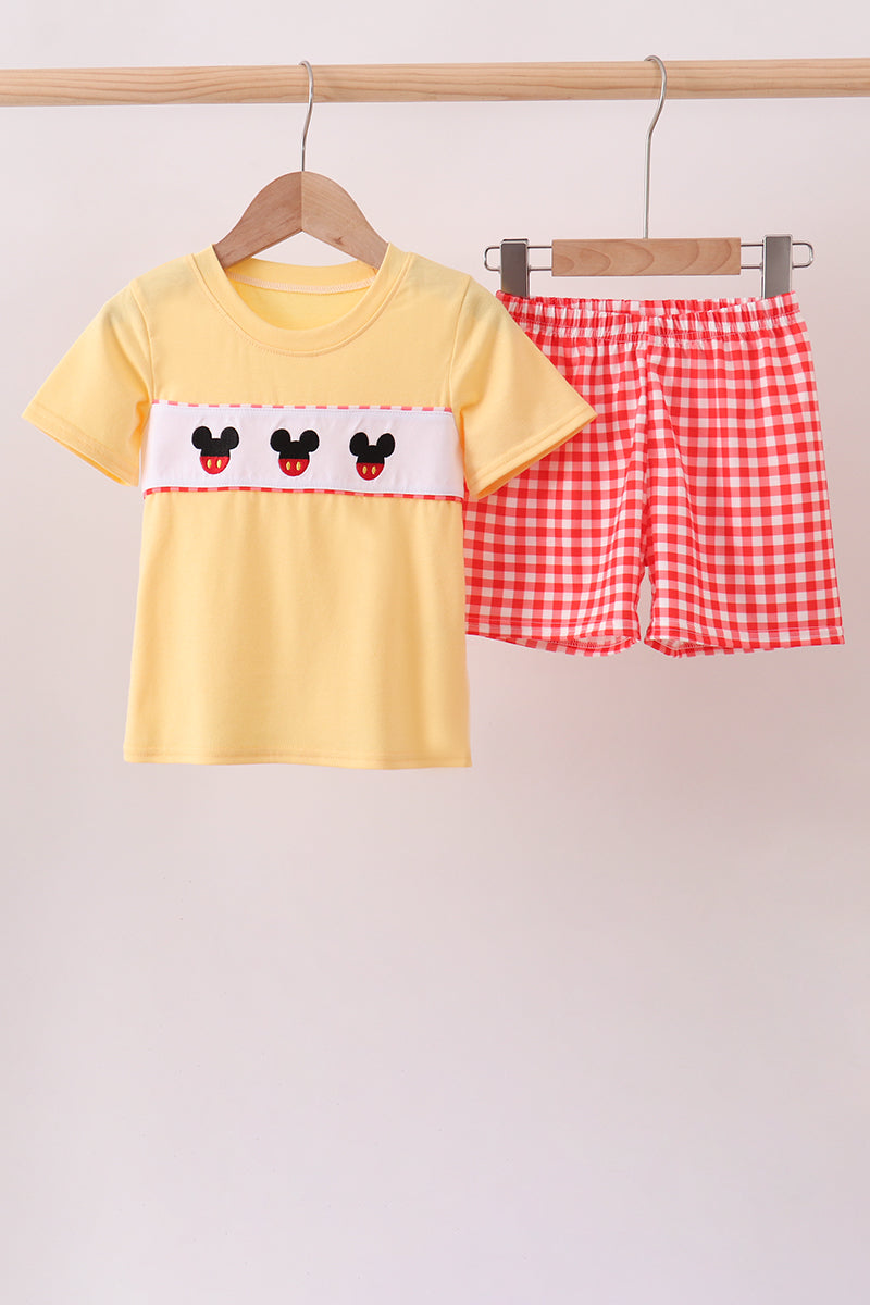 Mustard Character Plaid Embroidered Short Set