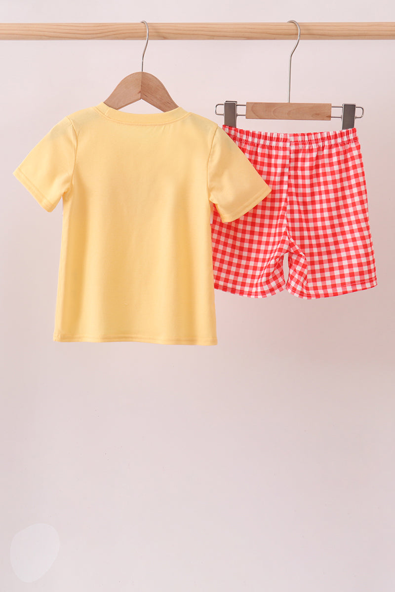 Mustard Character Plaid Embroidered Short Set