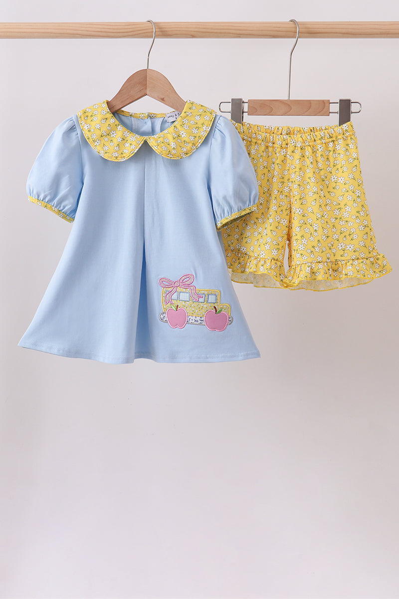 Blue Bus Floral Applique Ruffle Set