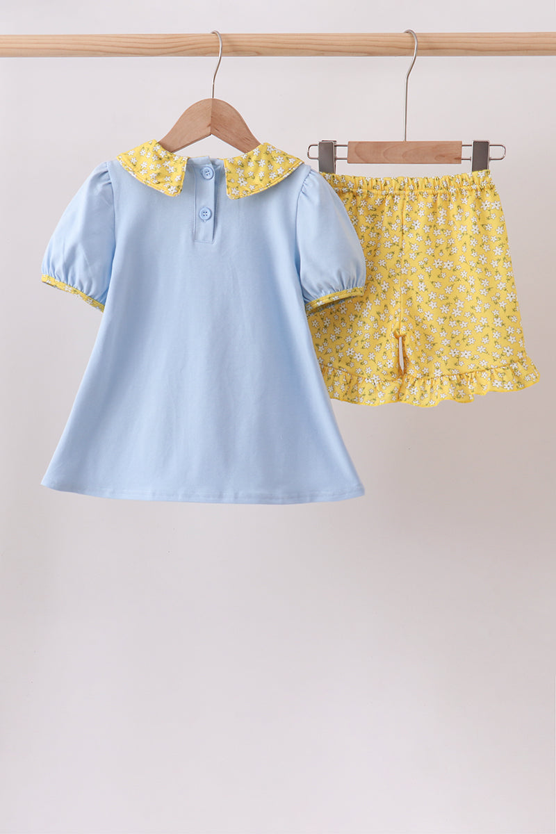 Blue Bus Floral Applique Ruffle Set
