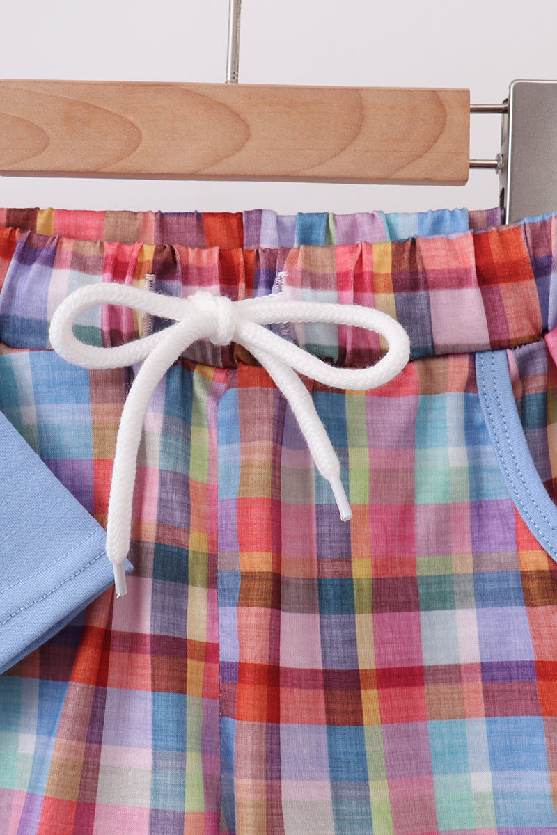 Blue Bus Embroidered Plaid Set