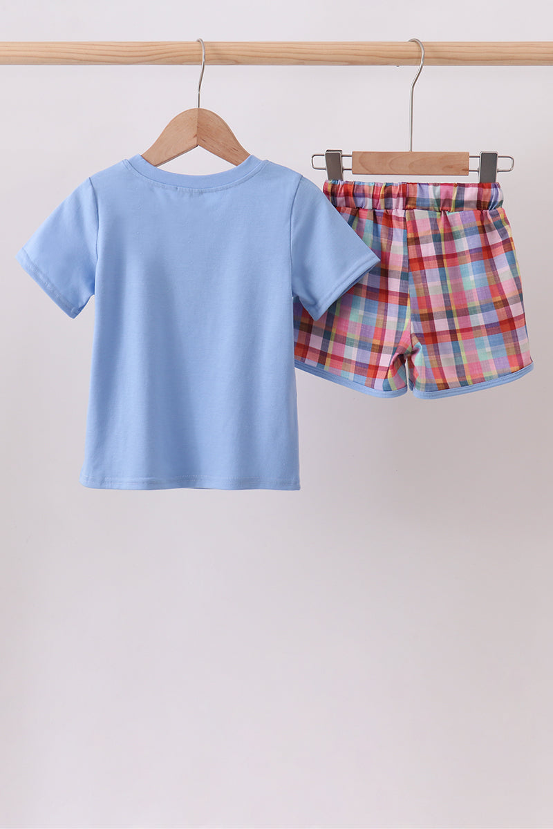 Blue Bus Embroidered Plaid Set