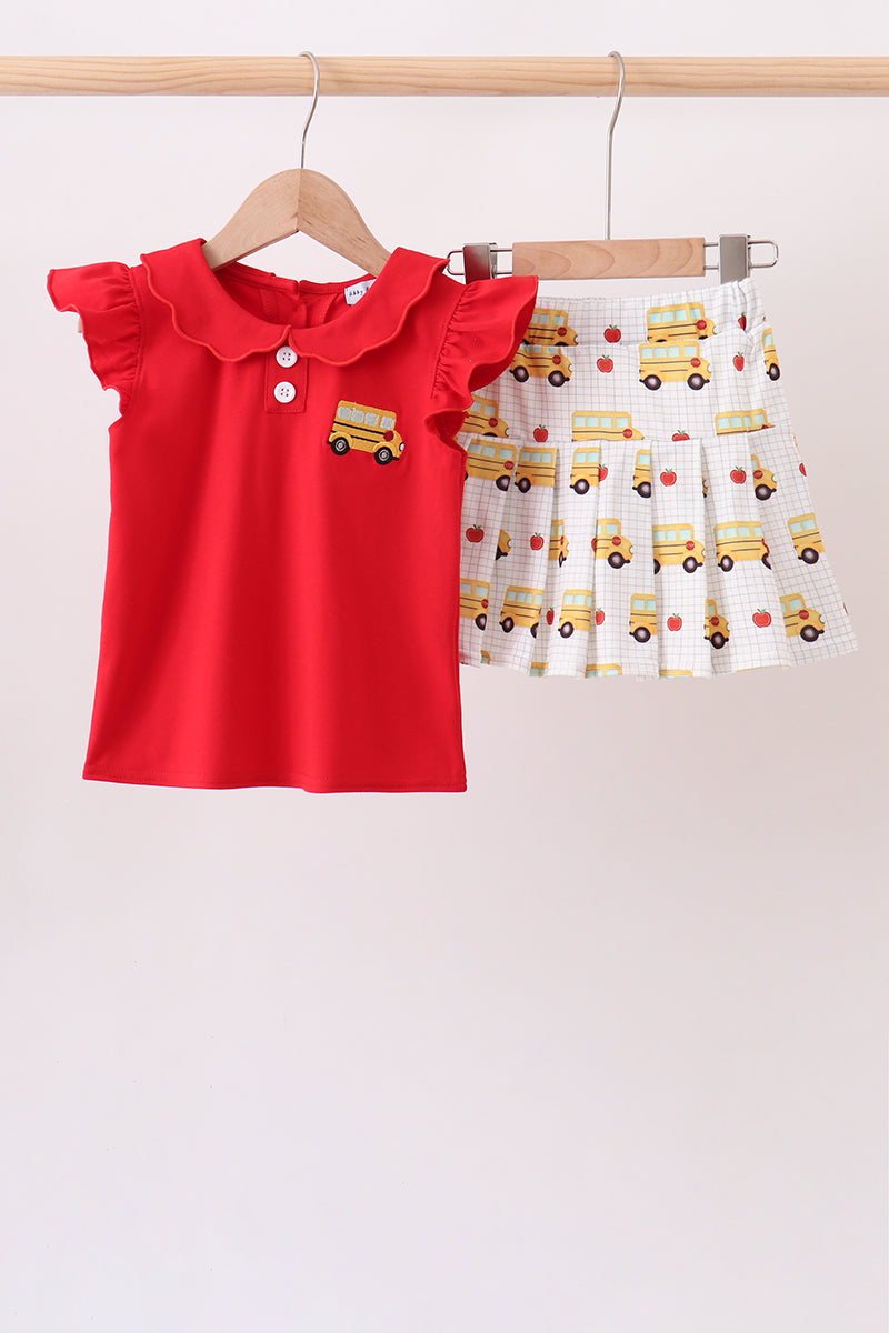 Red Bus Embroidered Skorts Set