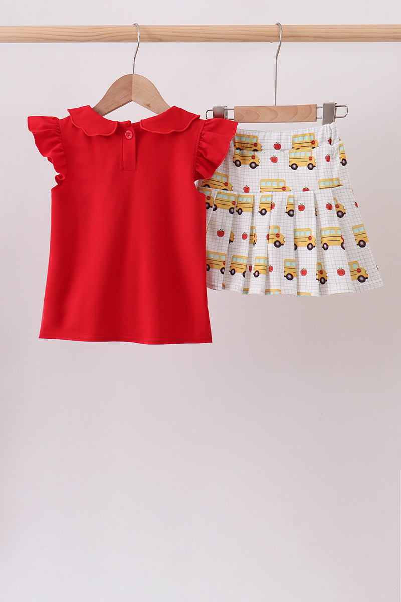 Red Bus Embroidered Skorts Set