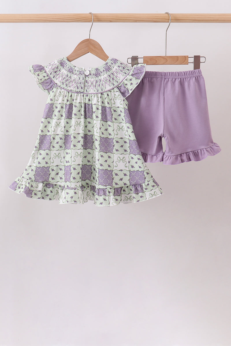Purple Floral Smocked Bloomer Set