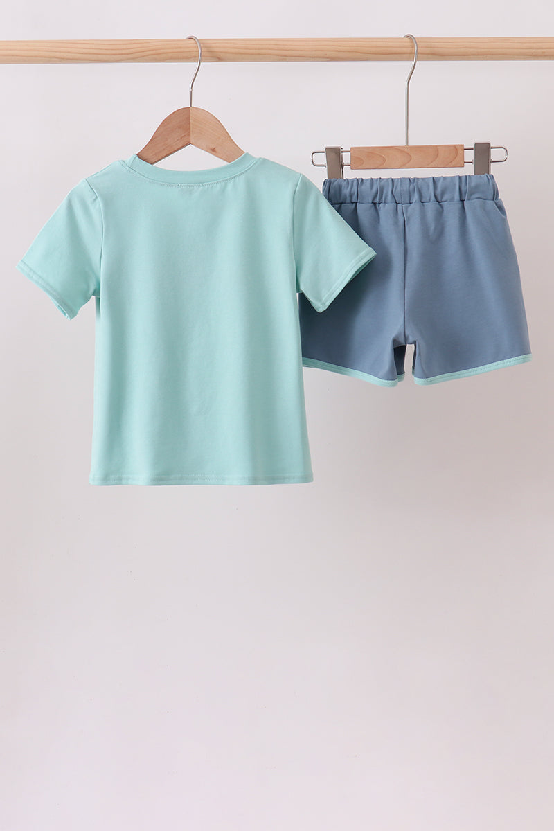 Blue Farm Tractor Embroidered Set