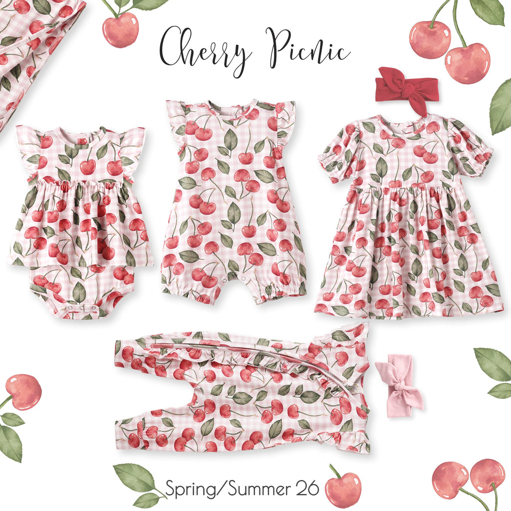 Cherry Picnic Flutter Sleeve Bamboo Skirted Bodysuit