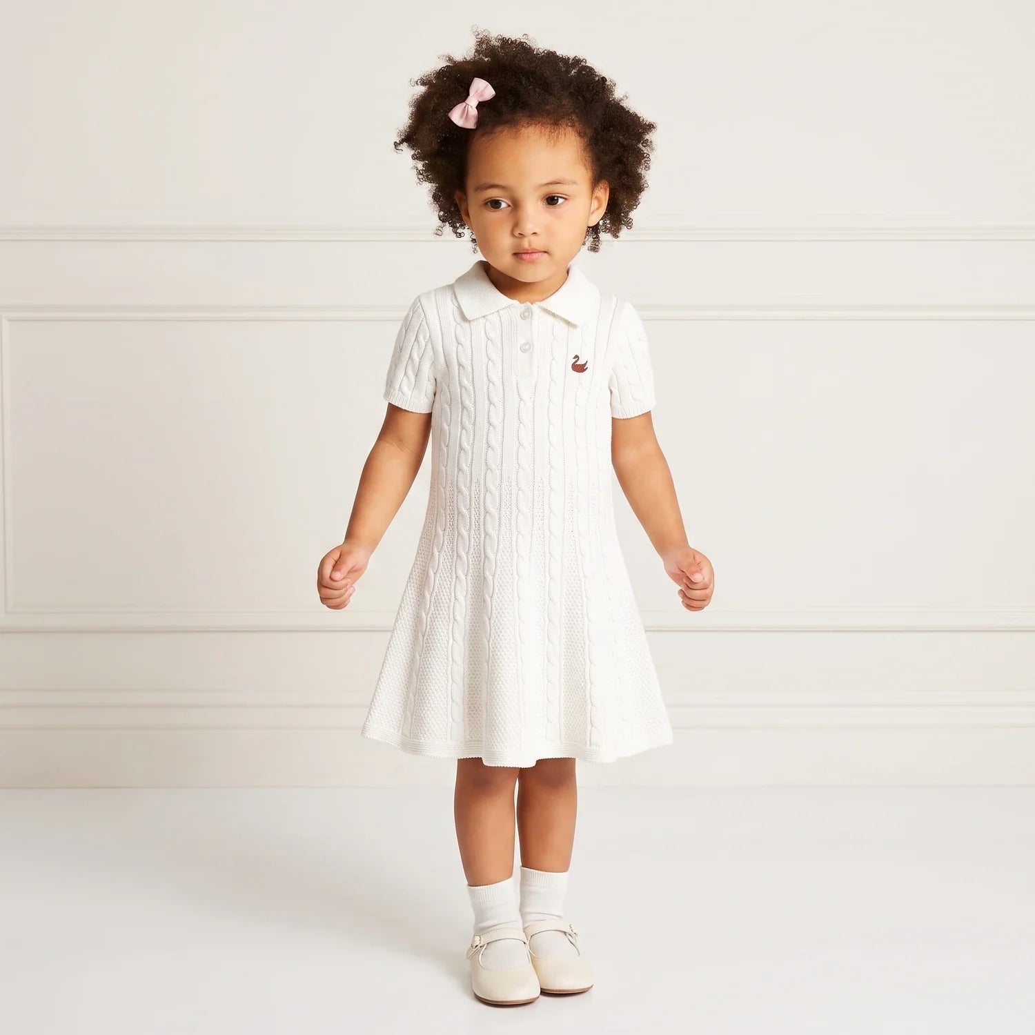 Cable Knit Polo Dress in White