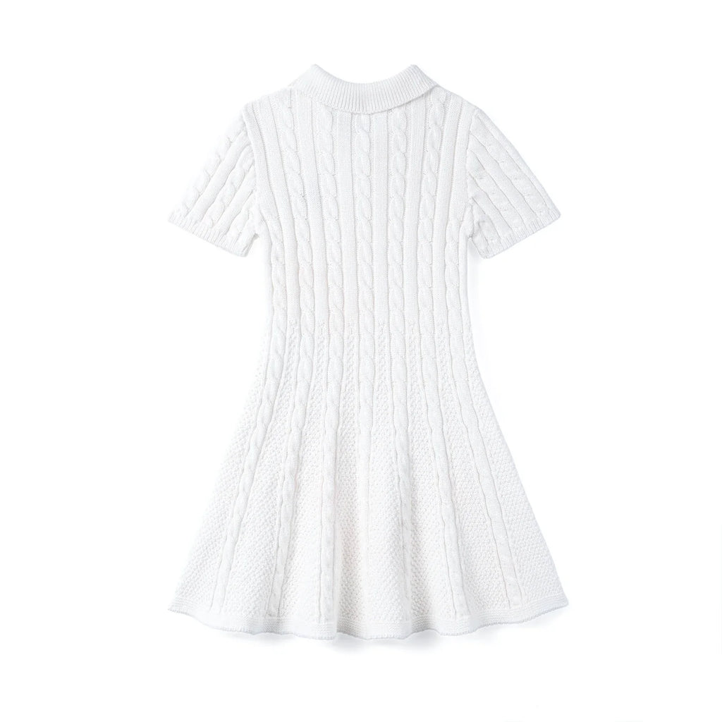 Cable Knit Polo Dress in White