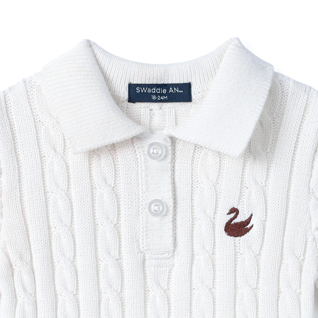 Cable Knit Polo Dress in White