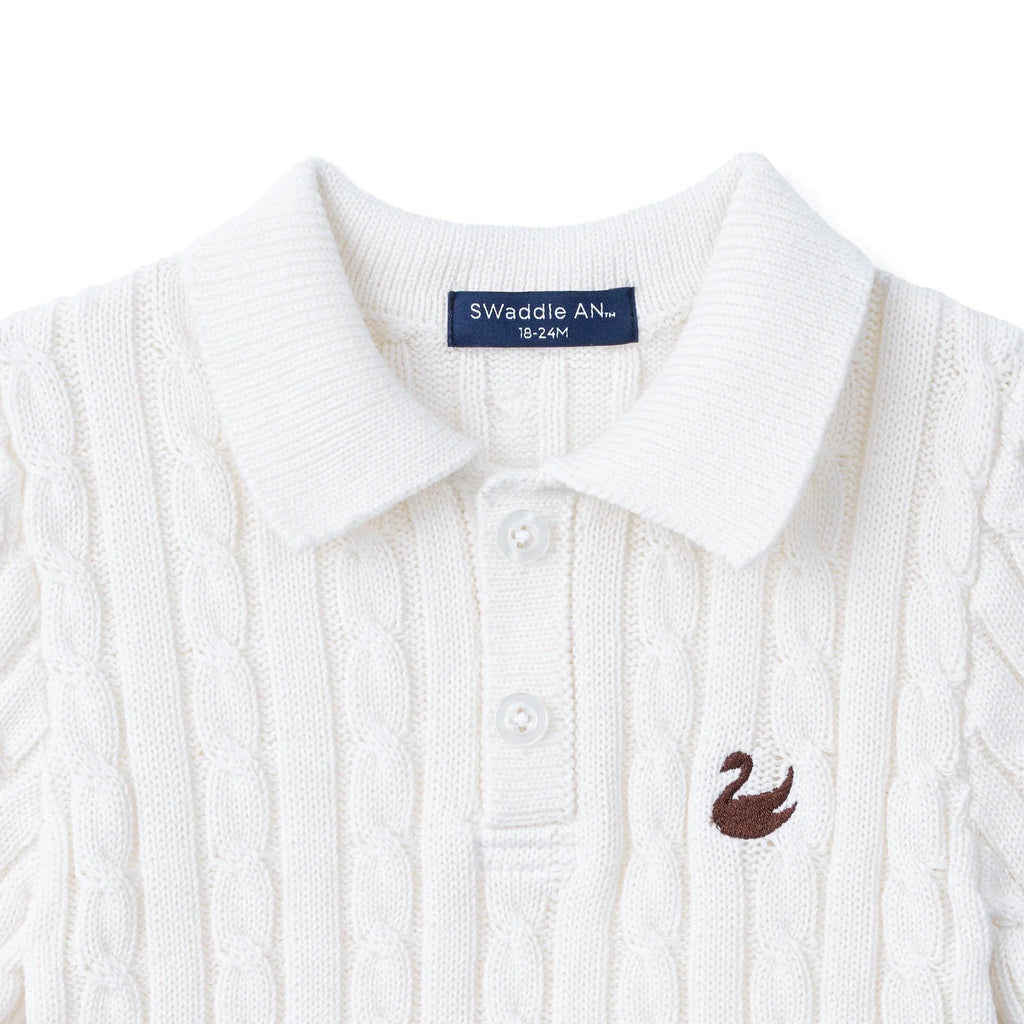 Cable Knit Polo Sweater in White