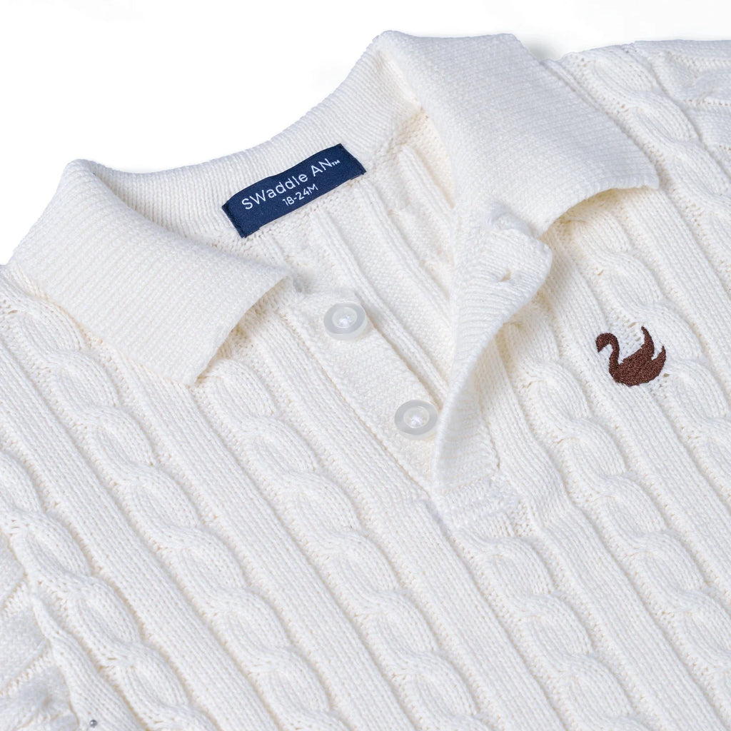 Cable Knit Polo Sweater in White