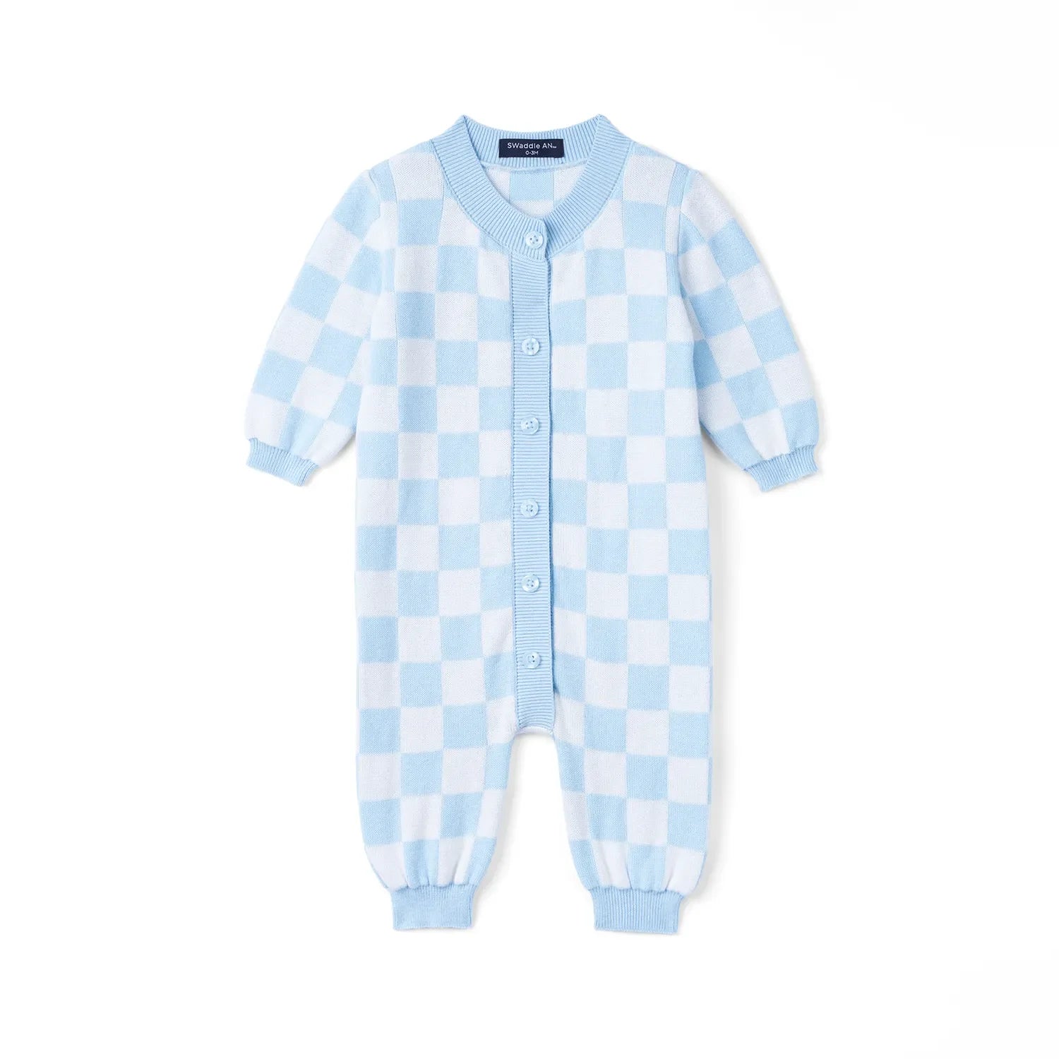 Blue Checker Baby Knit Button Romper