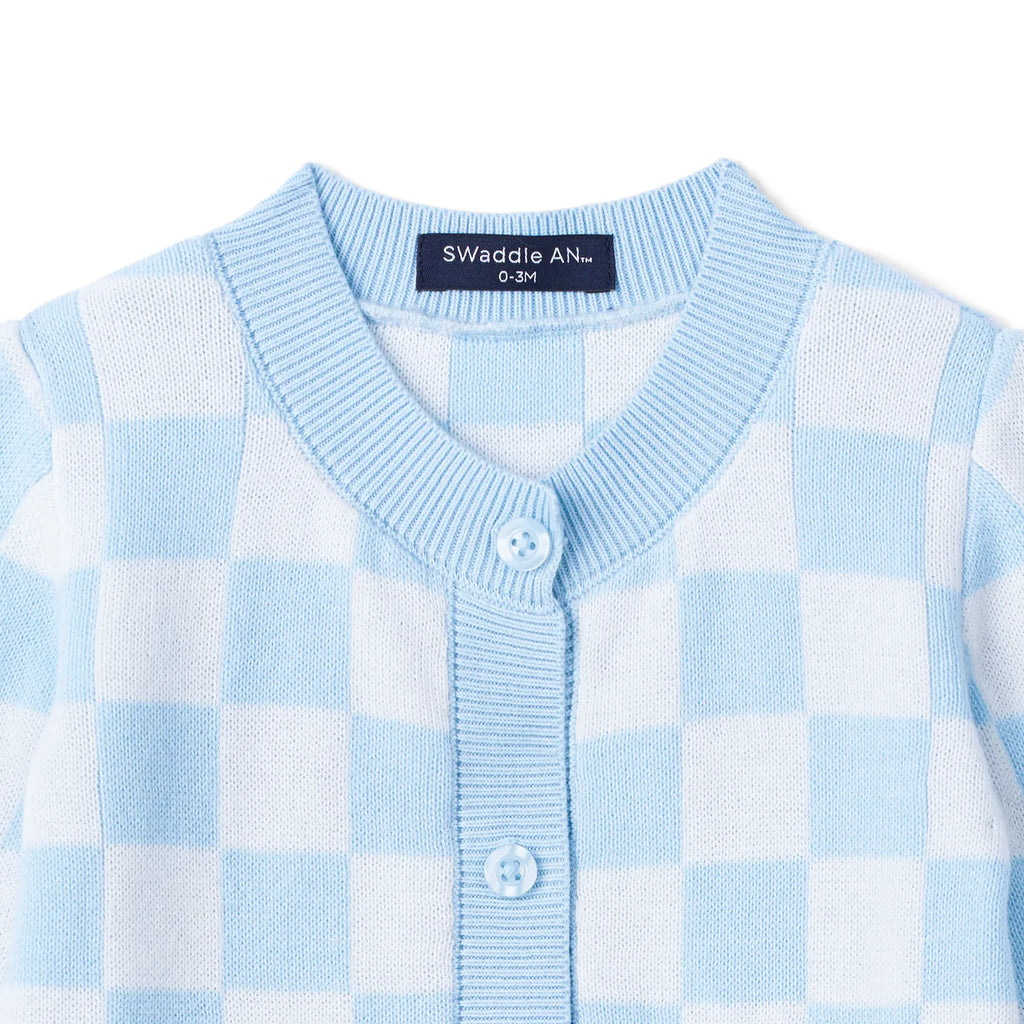 Blue Checker Baby Knit Button Romper