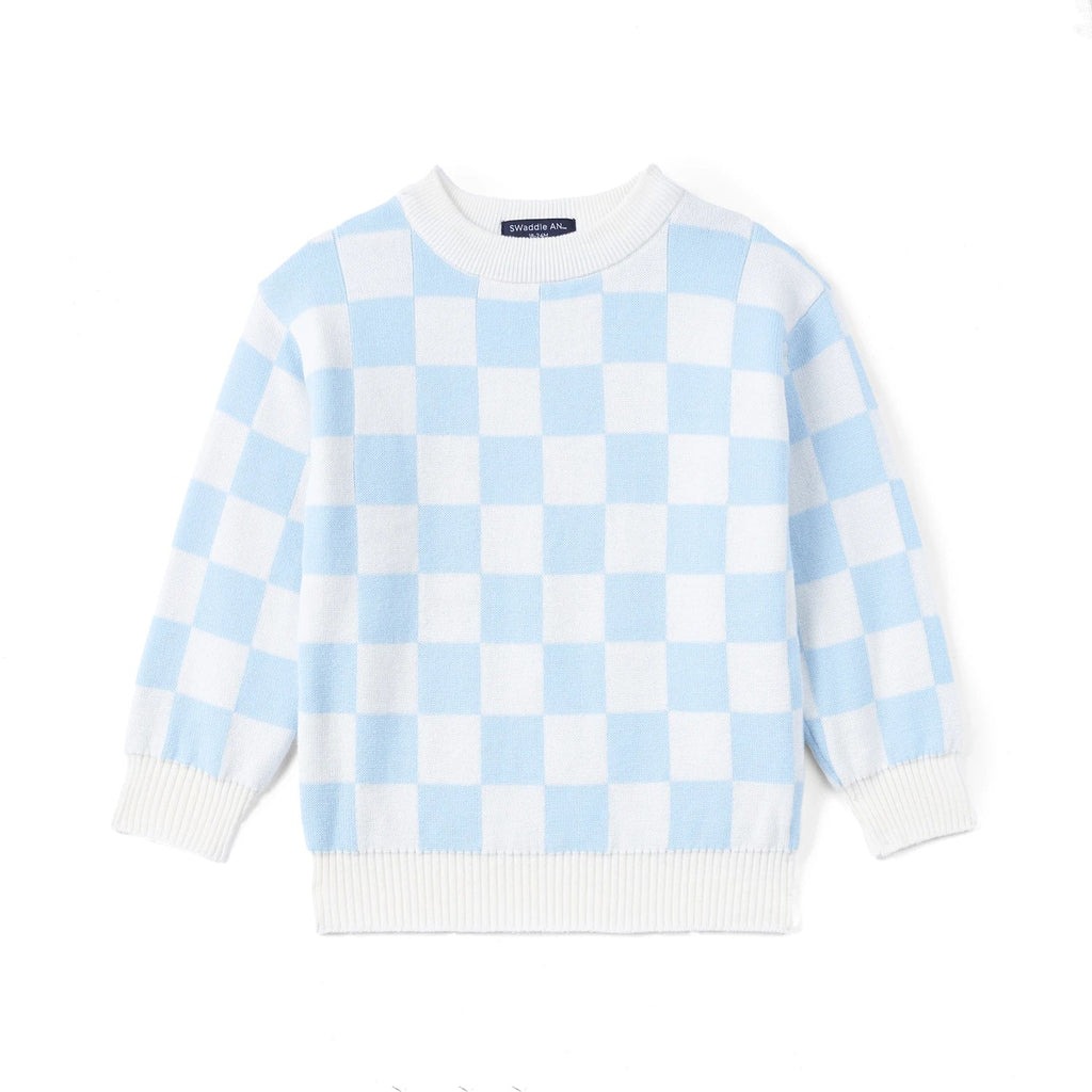 Blue Checker Knit Long Sleeve Crewneck Sweater