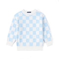 Blue Checker Knit Long Sleeve Crewneck Sweater