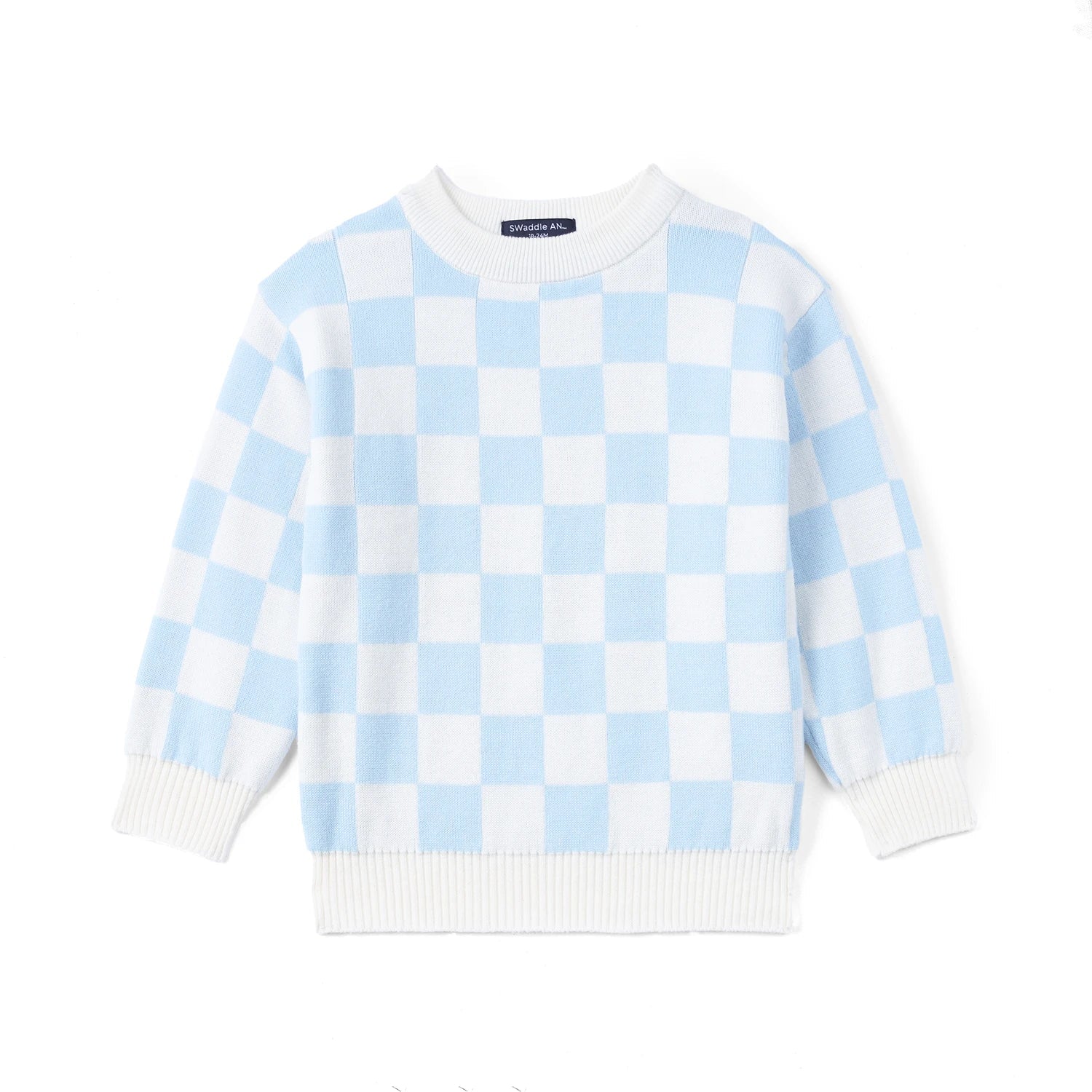Blue Checker Knit Long Sleeve Crewneck Sweater
