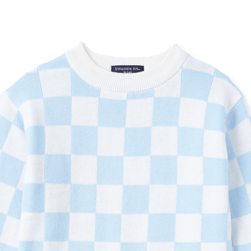 Blue Checker Knit Long Sleeve Crewneck Sweater
