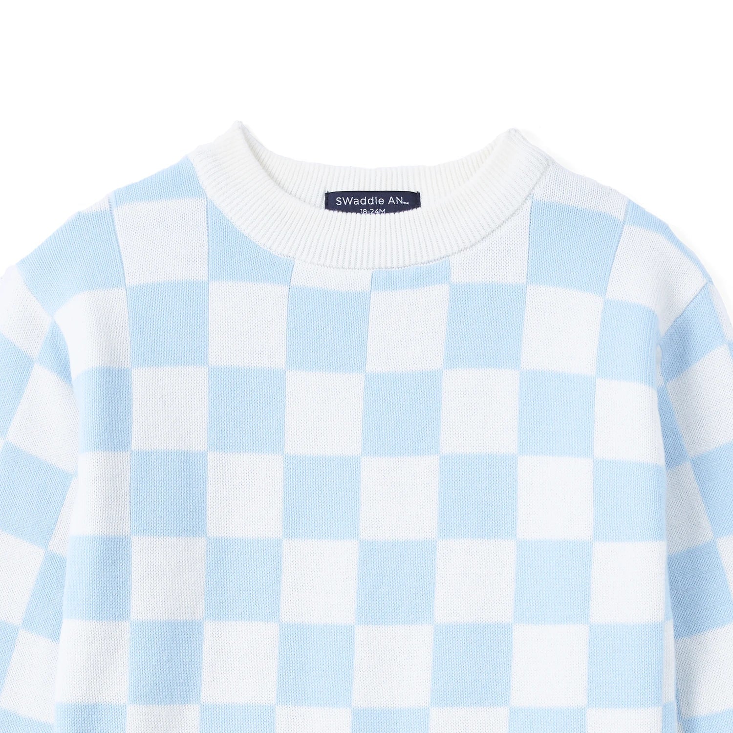 Blue Checker Knit Long Sleeve Crewneck Sweater