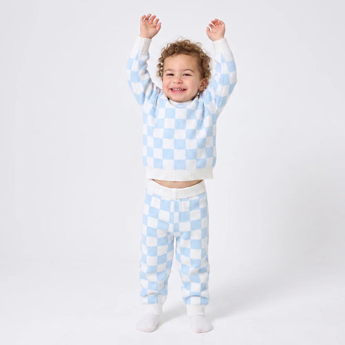 Blue Checker Knit Long Sleeve Crewneck Sweater