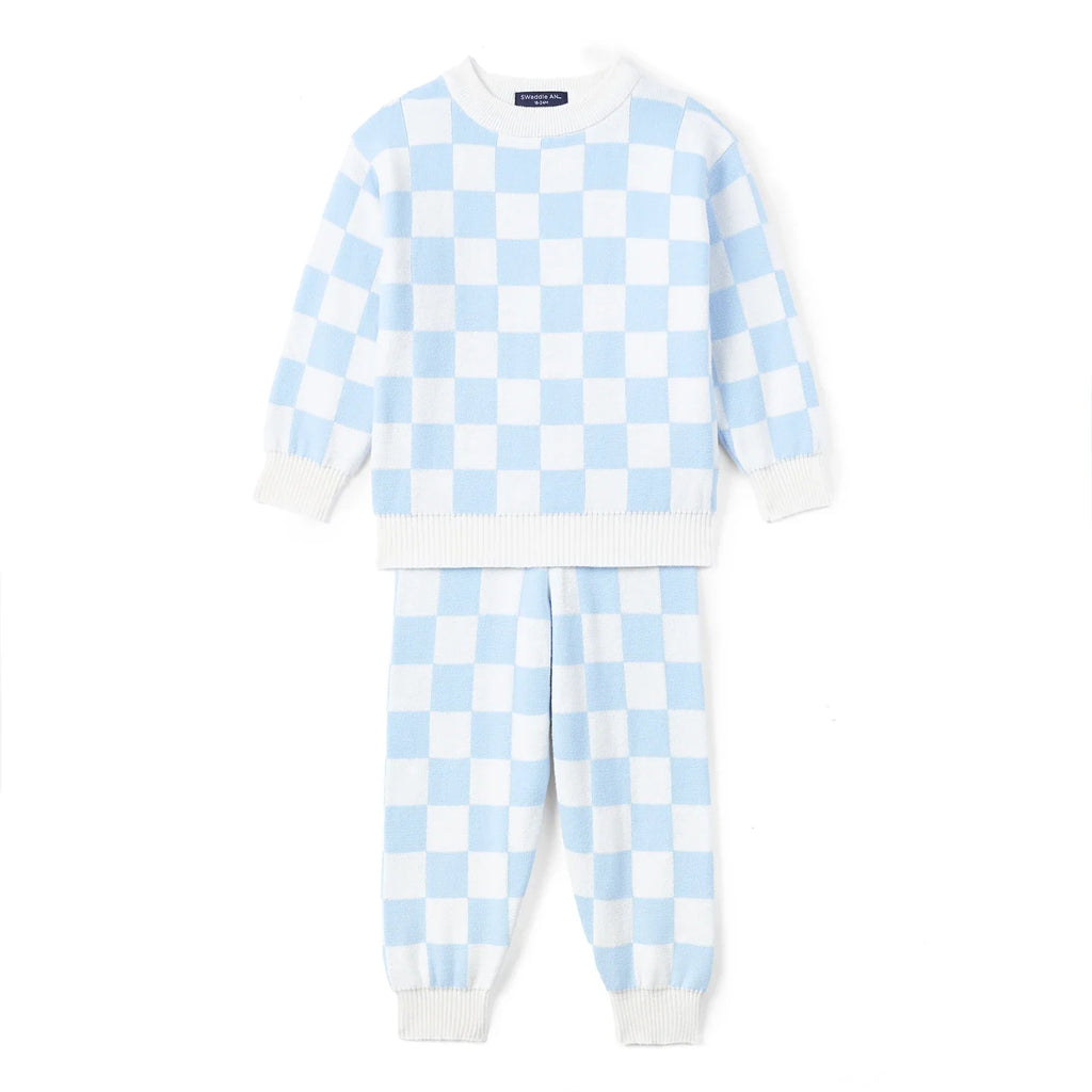 Blue Checker Knit Long Sleeve Crewneck Sweater