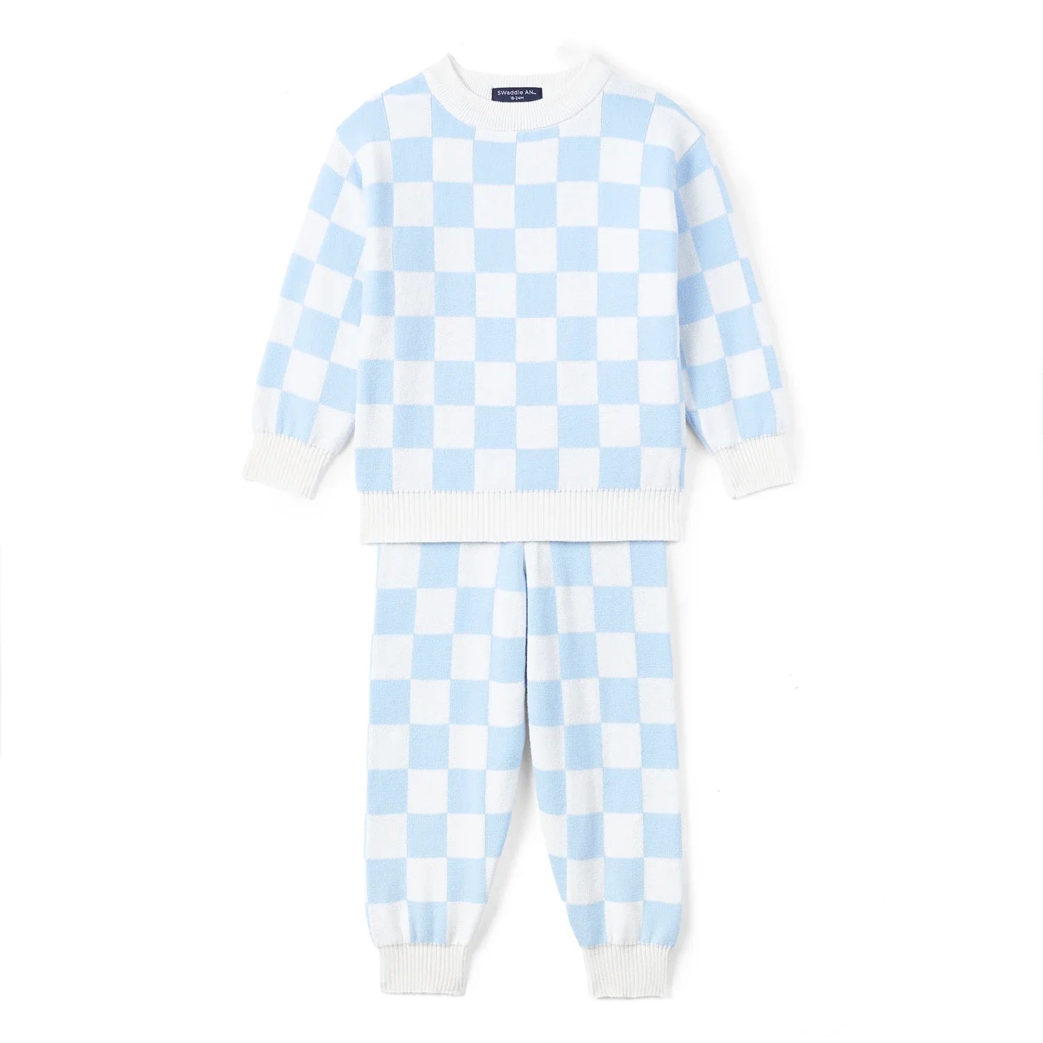 Blue Checker Knit Long Sleeve Crewneck Sweater