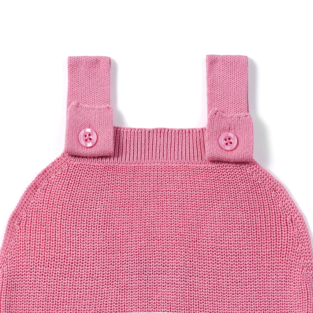 Baby Knit Button Strap Romper in Rose Pink
