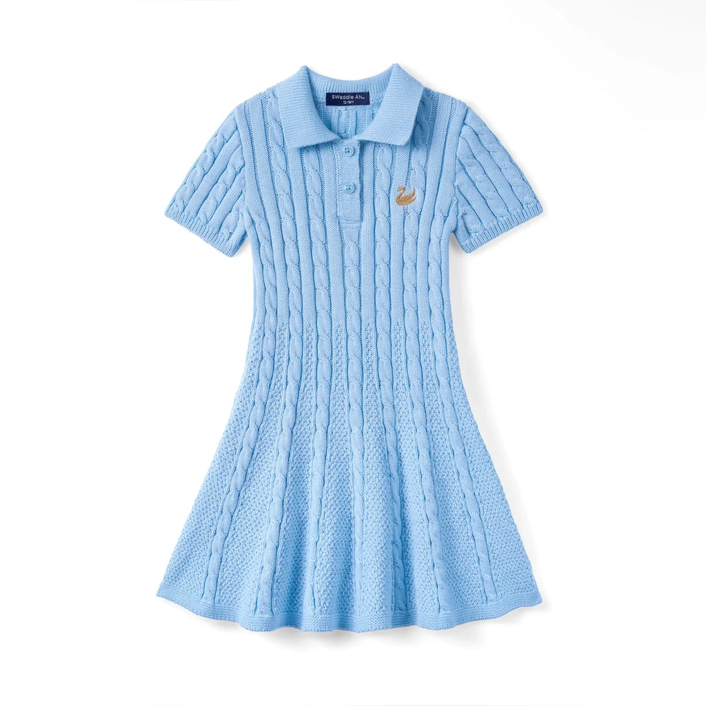 Cable Knit Polo Dress in Baby Blue