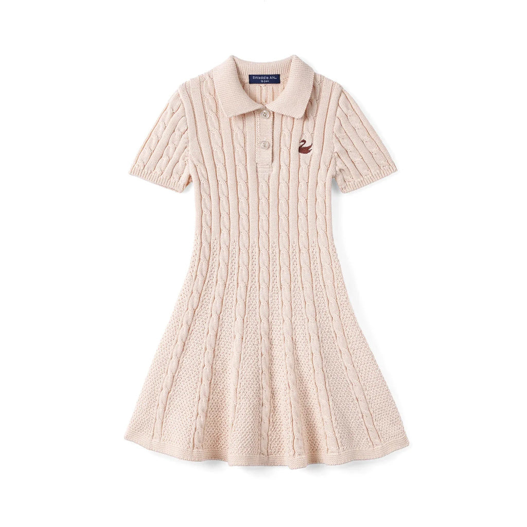 Cable Knit Polo Dress in Beige