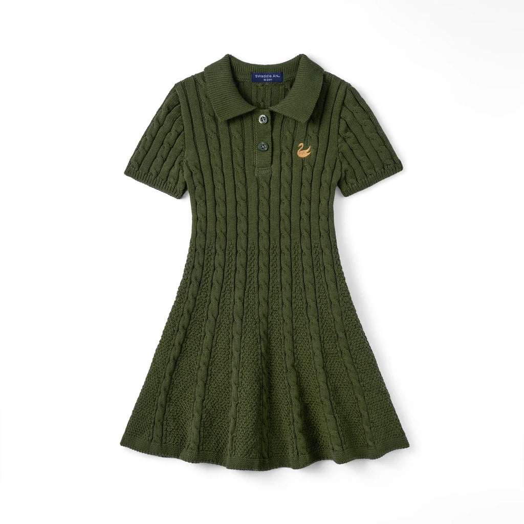 Cable Knit Polo Dress in Forest Green