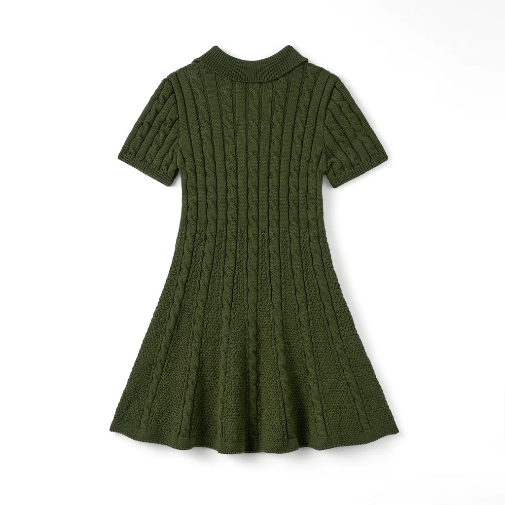 Cable Knit Polo Dress in Forest Green