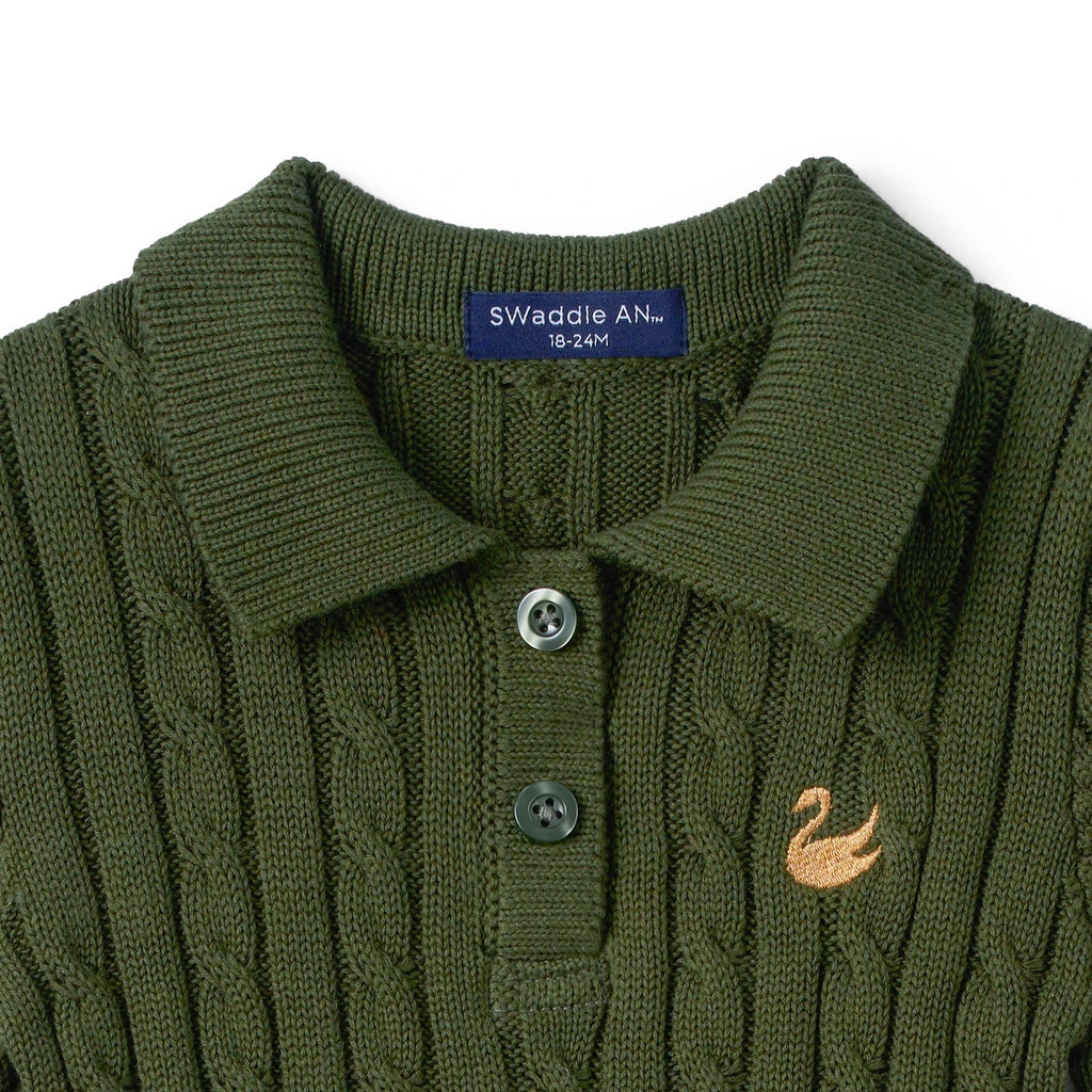 Cable Knit Polo Dress in Forest Green