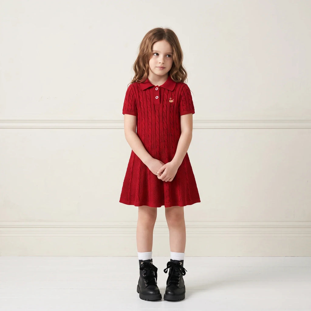 Cable Knit Polo Dress in Red Xmas