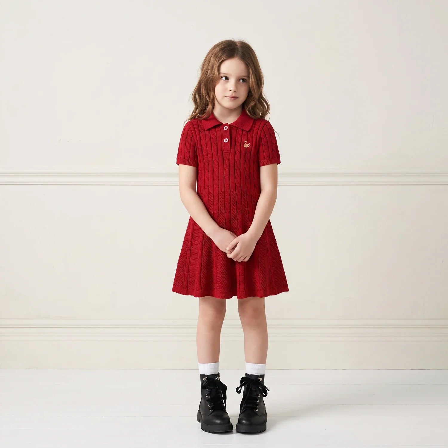 Cable Knit Polo Dress in Red Xmas
