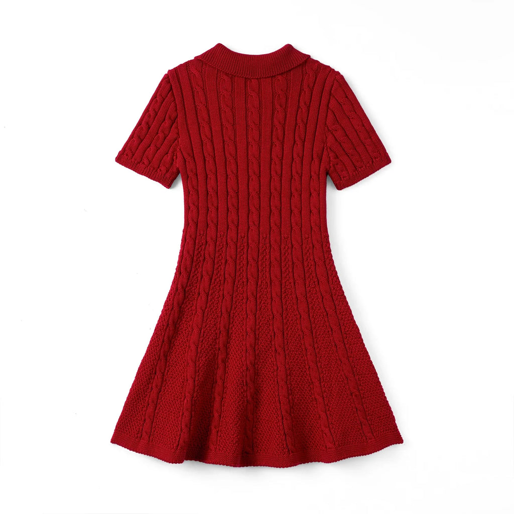 Cable Knit Polo Dress in Red Xmas