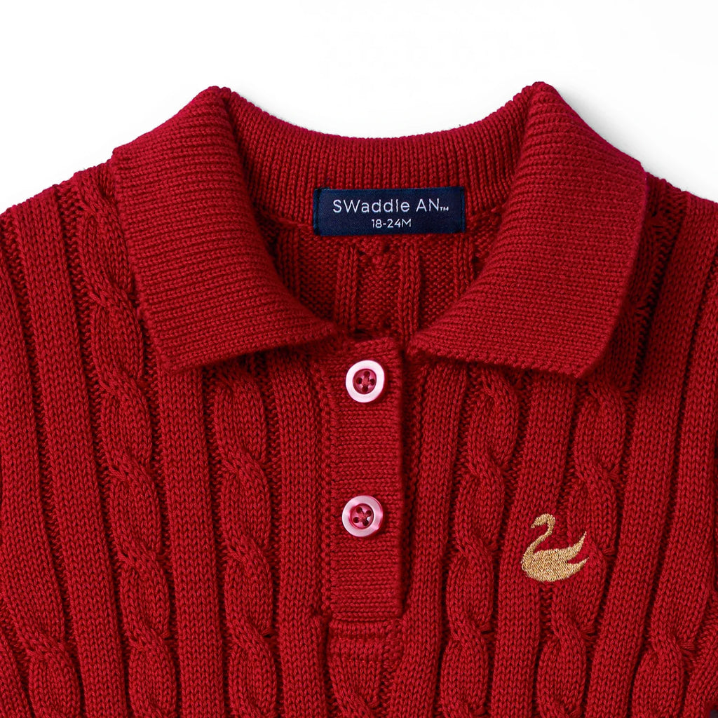Cable Knit Polo Dress in Red Xmas