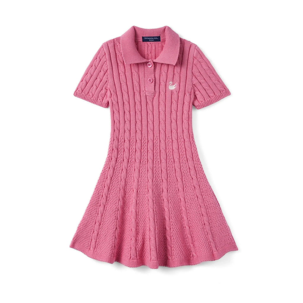 Cable Knit Polo Dress in Rose Pink