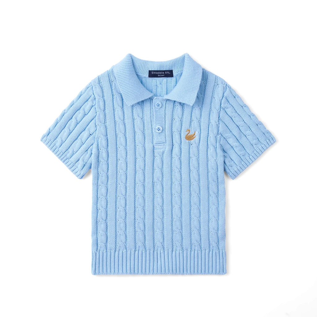 Cable Knit Polo Sweater in Baby Blue