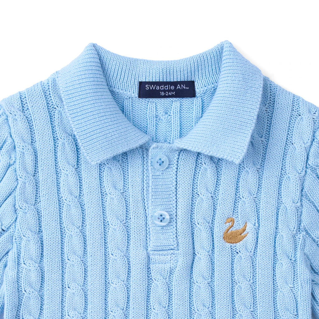 Cable Knit Polo Sweater in Baby Blue
