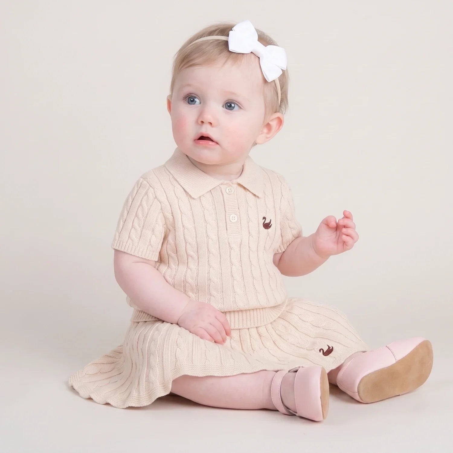 Cable Knit Polo Sweater in Beige