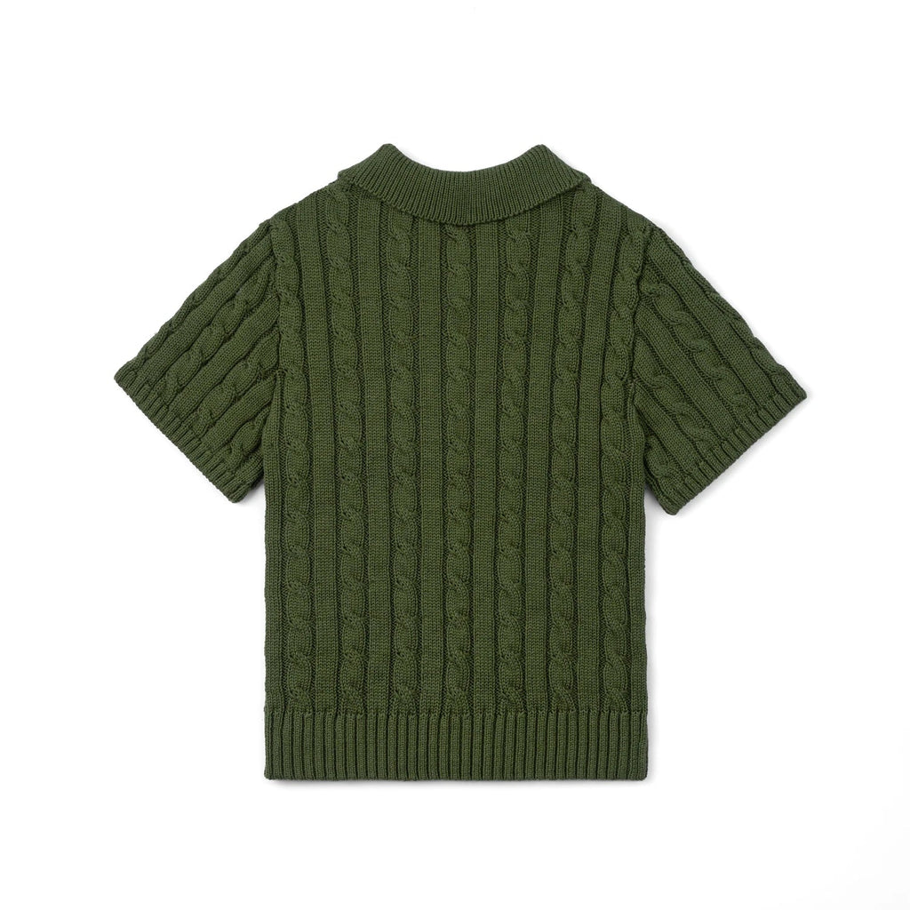 Cable Knit Polo Sweater in Forest Green