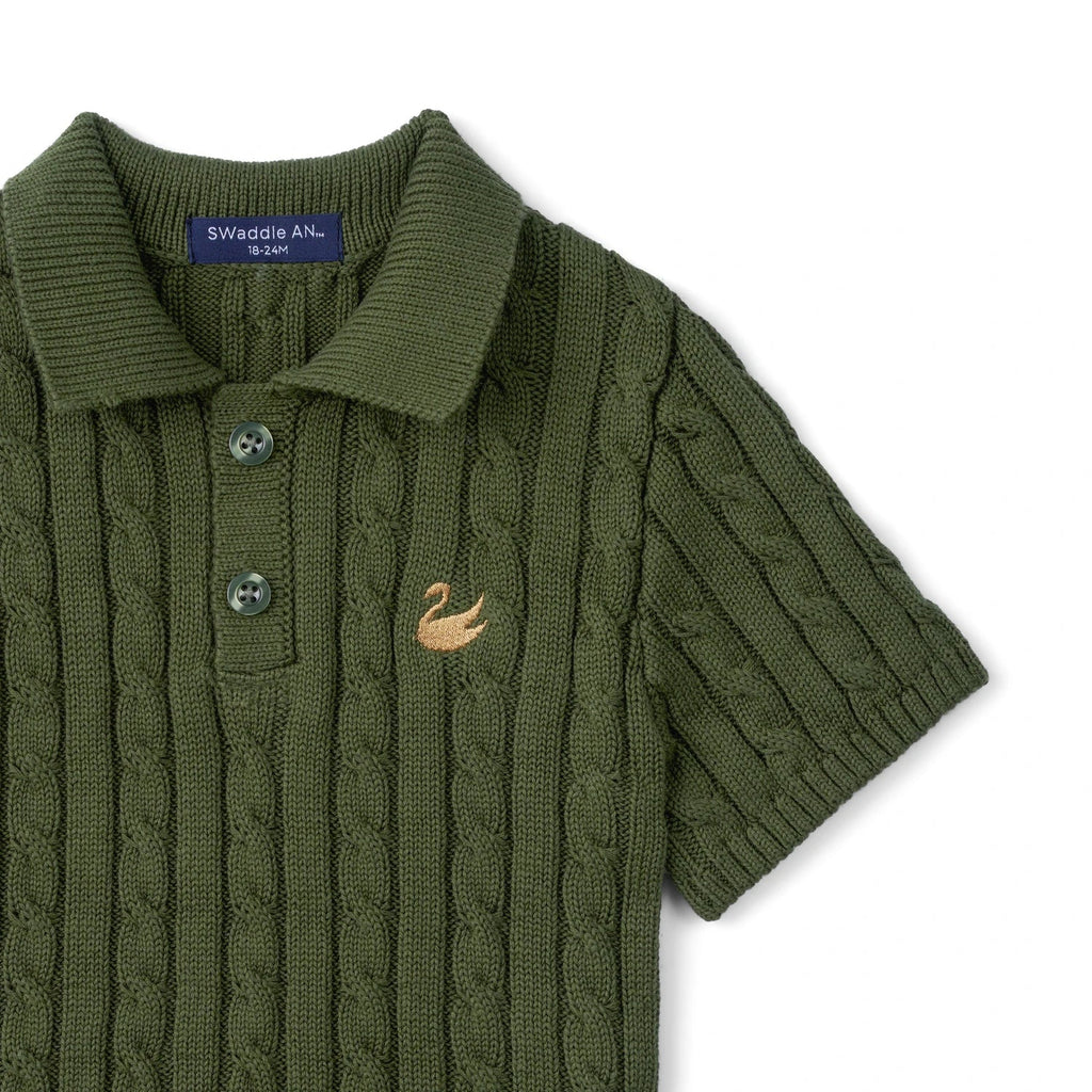 Cable Knit Polo Sweater in Forest Green