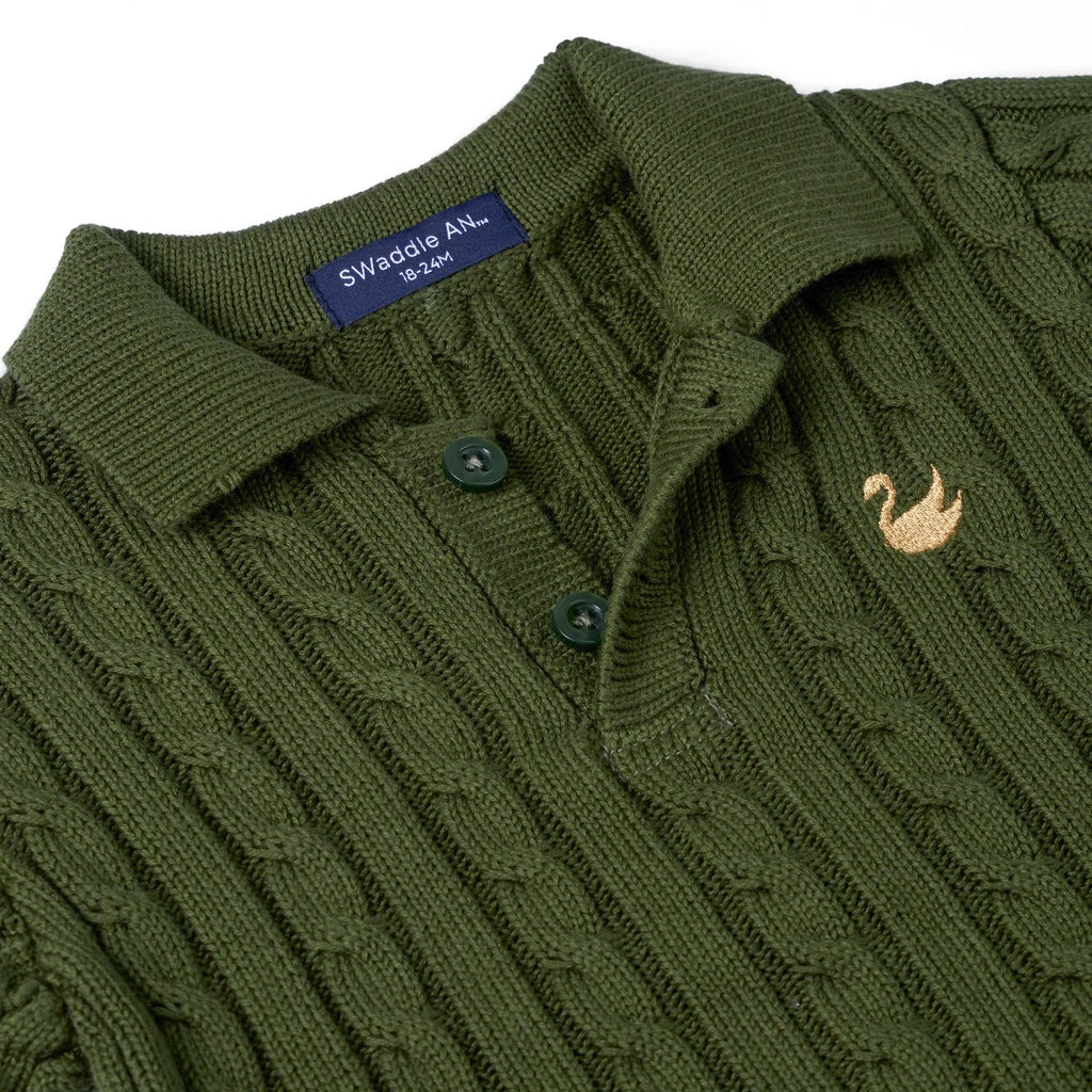 Cable Knit Polo Sweater in Forest Green