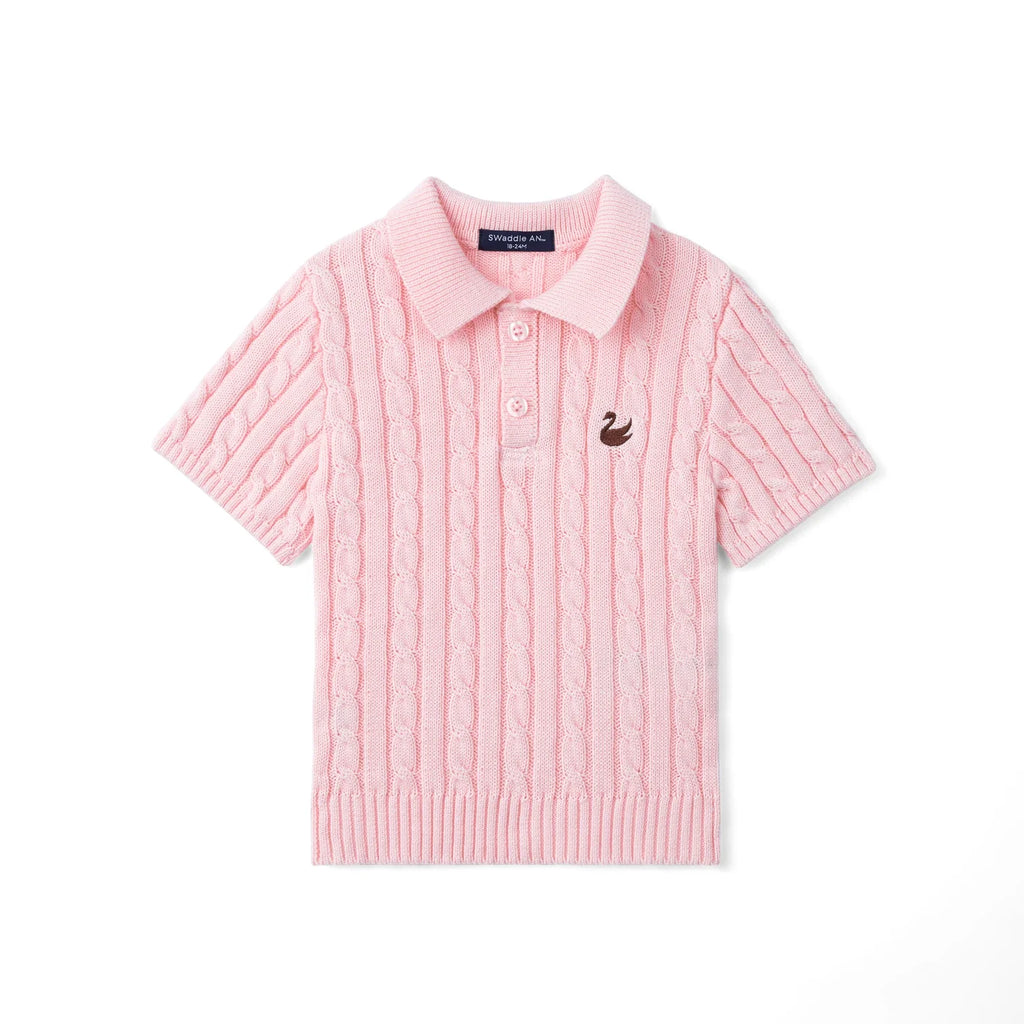 Cable Knit Polo Sweater in Pink