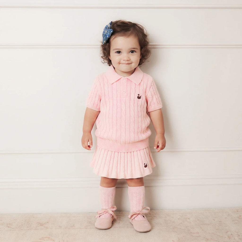 Cable Knit Polo Sweater in Pink