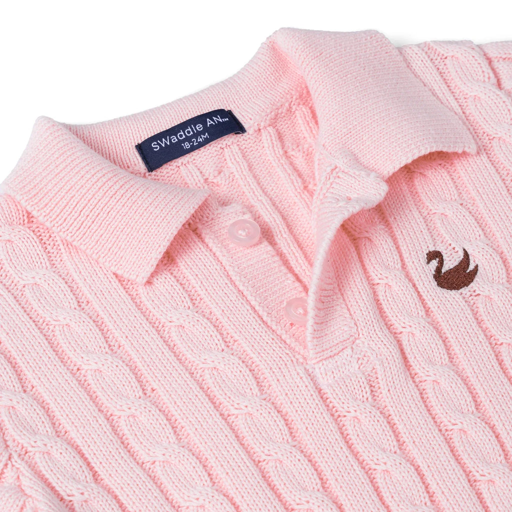 Cable Knit Polo Sweater in Pink