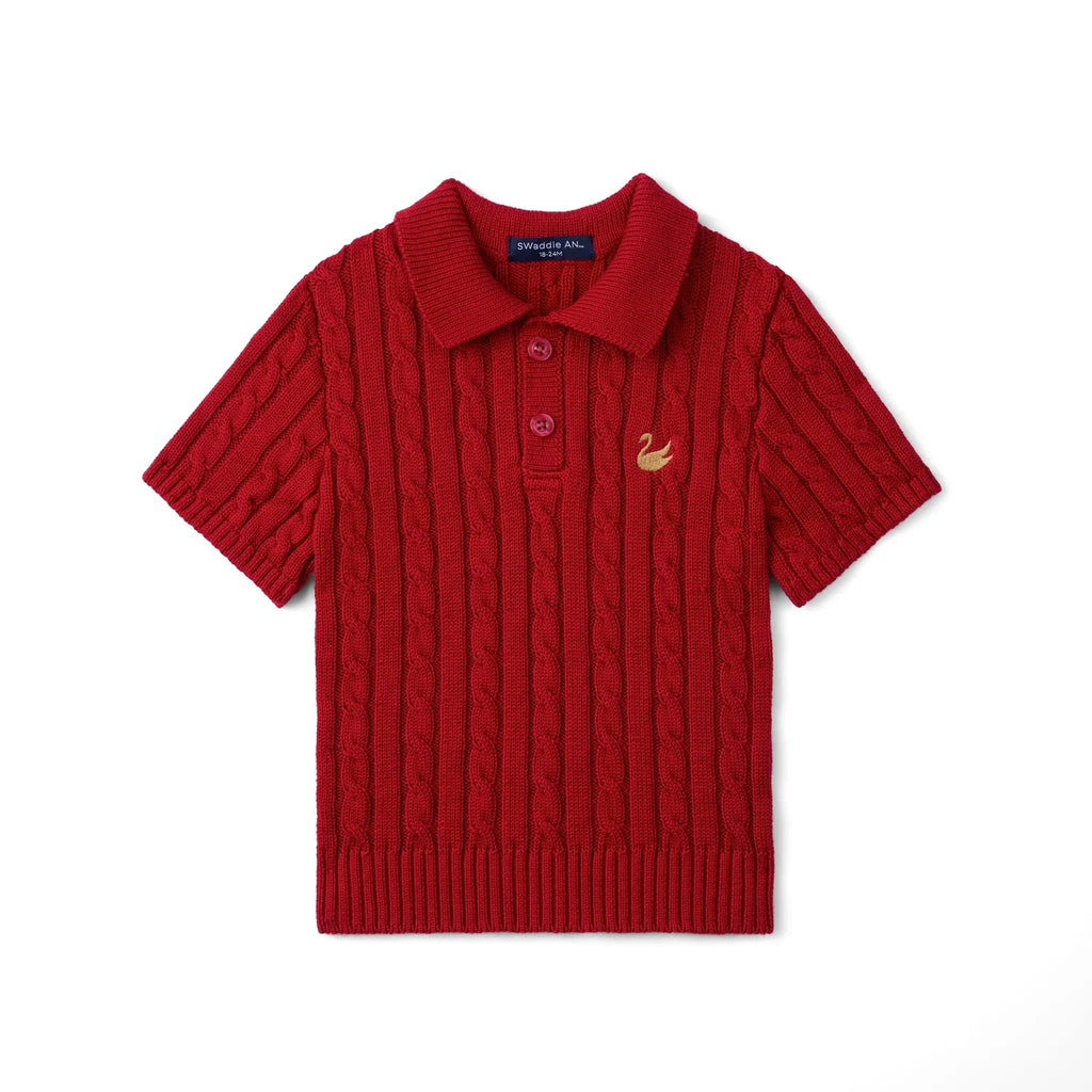 Cable Knit Polo Sweater in Red Xmas