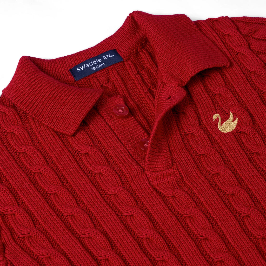Cable Knit Polo Sweater in Red Xmas