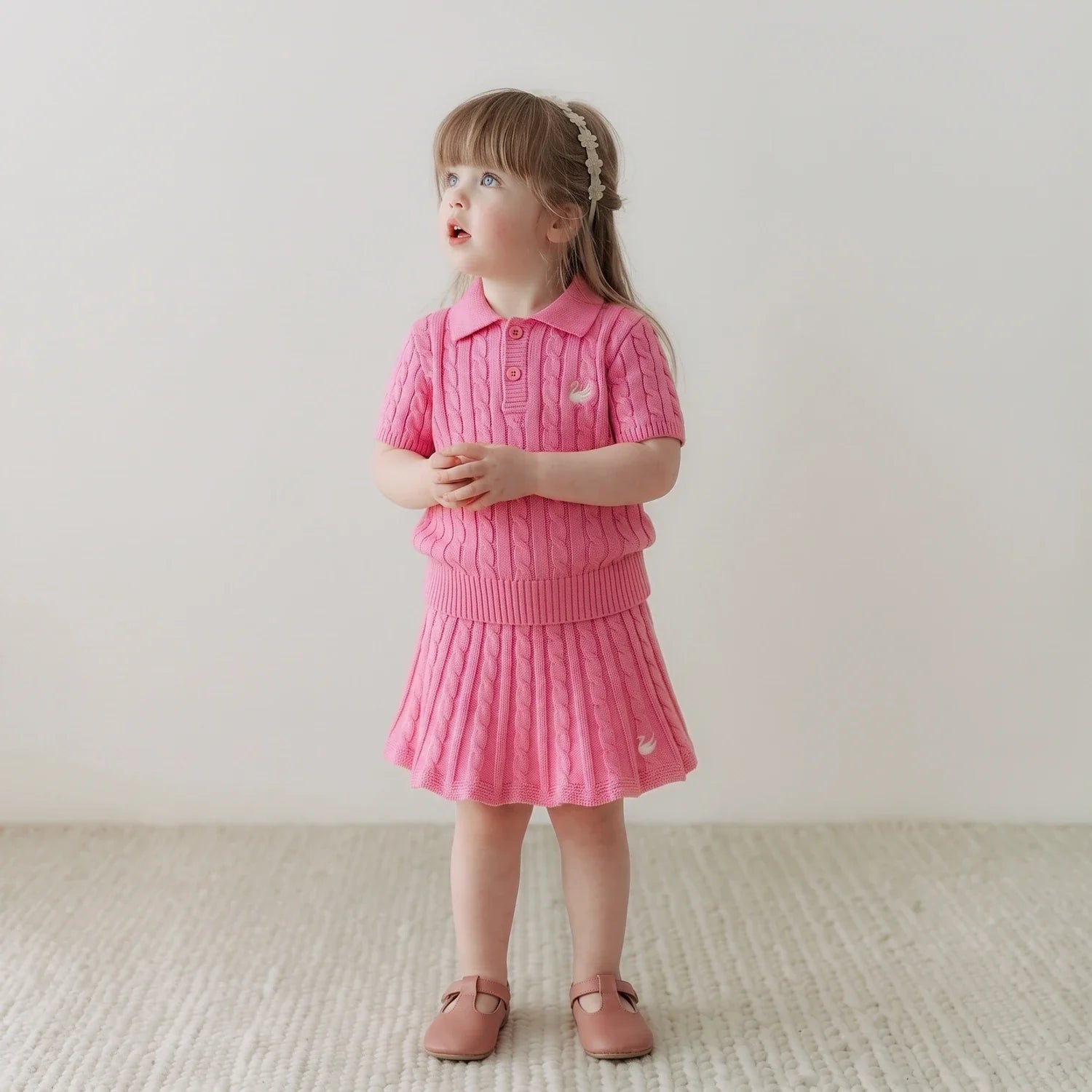 Cable Knit Polo Sweater in Rose Pink